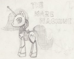 Size: 2467x1956 | Tagged: safe, artist:goldenpansy, derpibooru import, pony, robot, unicorn, kraftwerk, monochrome, sketch, solo