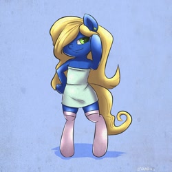 Size: 1000x1000 | Tagged: safe, artist:draneas, derpibooru import, pony, bipedal, clothes, dress, hair over one eye, looking at you, ponified, smiling, smurfette, smurfs, socks