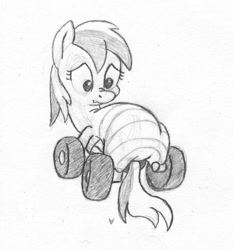 Size: 931x1000 | Tagged: safe, artist:php87, derpibooru import, oc, oc only, oc:wheely bopper, original species, backbend, grayscale, monochrome, nose wrinkle, on back, scrunchy face, sketch, solo, traditional art, wheelpone, wide eyes