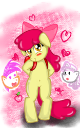Size: 400x640 | Tagged: safe, artist:jollyware, apple bloom, scootaloo, sweetie belle, pony, backpack, belly button, bipedal, blushing, bow, digital art, hair bow, randoseru