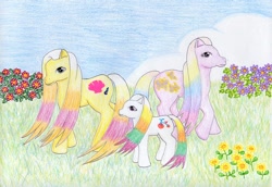 Size: 1024x704 | Tagged: safe, artist:normaleeinsane, derpibooru import, g1, my little pony tales, baby berrytown, flower, mummy meadowsweet, mummy sunbright, traditional art