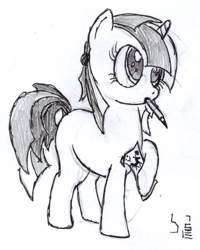 Size: 955x1196 | Tagged: safe, artist:bamthand, derpibooru import, oc, oc only, oc:scribble tale, pony, unicorn, filly, monochrome, mouth hold, pencil, pencil drawing, solo, traditional art