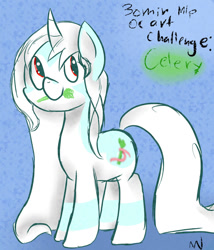 Size: 827x965 | Tagged: safe, artist:l1mitedediti0n, derpibooru import, oc, oc only, oc:celery, pony, unicorn, celery, eating, fanart, mouth hold, nom, smiling, solo