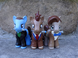 Size: 570x424 | Tagged: safe, derpibooru import, doctor whooves, blazer, bowtie, brushable, clothes, custom, eleventh doctor, jumper, leather, necktie, ninth doctor, overcoat, peacoat, shirt, sonic screwdriver, tenth doctor, toy, tweed