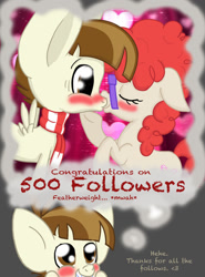 Size: 1000x1350 | Tagged: safe, artist:minkidoodles, derpibooru import, featherweight, twist, blushing, clothes, crush, feathertwist, featherweight responds, followers, glasses, kissing, milestone, scarf, shipping, thought bubble