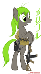 Size: 1831x3289 | Tagged: safe, artist:orang111, derpibooru import, oc, oc only, earth pony, pony, ar15, bipedal, gun, magpul, picatinny rail, pistol, ponytail, reflex sight, rifle, scar, smiling, solo