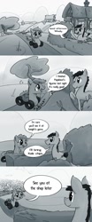 Size: 500x1200 | Tagged: safe, artist:rainbowvan45, derpibooru import, oc, oc only, oc:wheely bopper, earth pony, original species, afternoon, chewing, comic, hedge, house, monochrome, ponyville, saddle bag, sound effects, speech bubble, wheelpone