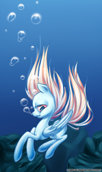 Size: 566x950 | Tagged: safe, artist:nyatuxi, derpibooru import, oc, oc only, oc:watersurface, bubble, solo, underwater