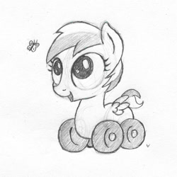 Size: 1000x1000 | Tagged: safe, artist:php87, derpibooru import, oc, oc only, oc:wheely bopper, butterfly, original species, cute, eyes on the prize, filly, grayscale, happy, monochrome, open mouth, sketch, smiling, solo, traditional art, wheelpone, younger