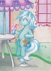 Size: 440x612 | Tagged: safe, artist:miyukikyki, lyra heartstrings, pony, unicorn, colored pencil drawing, drink, eyes closed, milkshake, sitting lyra, smiling, solo, traditional art