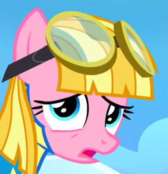 Size: 685x707 | Tagged: safe, derpibooru import, screencap, meadow flower, pegasus, pony, wonderbolts academy, clothes, female, goggles, mare, solo, uniform, wonderbolts uniform