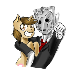 Size: 500x532 | Tagged: safe, artist:cybermananon, derpibooru import, oc, oc only, oc:sweet cheeks, clothes, cyberman, cyberman anon, embrace, hug, necktie, slenderman, suit, vghs