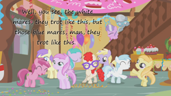 Size: 1280x720 | Tagged: safe, derpibooru import, edit, edited screencap, screencap, alula, aura (character), cotton cloudy, diamond tiara, dinky hooves, noi, piña colada, pluto, ruby pinch, silver spoon, twist, earth pony, pegasus, pony, unicorn, call of the cutie, applecore, background pony, balloon, confetti, coronet clover, cuteceañera, dancing, filly, foal, glasses, insane pony thread, piña cutelada, streamers