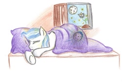 Size: 1024x695 | Tagged: safe, artist:kattomierz, derpibooru import, oc, oc only, oc:moonlight flare, pegasus, pony, bed, night, sleeping, solo, traditional art, window