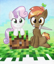 Size: 1280x1510 | Tagged: safe, artist:agamnentzar, derpibooru import, button mash, sweetie belle, chest fluff, crossover, looking at you, minecraft, mouth hold, sword, traditional art, video game