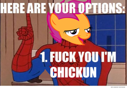 Size: 677x473 | Tagged: safe, derpibooru import, scootaloo, 60s spider-man, chickun, exploitable meme, forced meme, image macro, meme, spider-man, vulgar