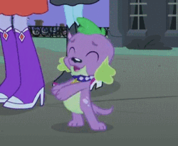 Size: 327x270 | Tagged: safe, derpibooru import, screencap, cloudy kicks, photo finish, spike, dog, pony, seal, equestria girls, equestria girls (movie), animated, bipedal, boots, clapping, collar, fall formal outfits, high heel boots, spike the dog, standing
