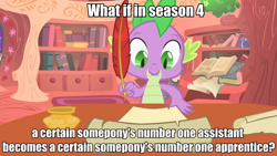 Size: 918x516 | Tagged: safe, screencap, spike, dragon, owl's well that ends well, image macro, text, theory