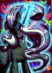 Size: 832x1163 | Tagged: safe, artist:ponetron, nightmare rarity, spoiler:comic, aura, crying, duality, glow, glowing eyes