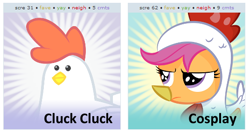 Size: 536x283 | Tagged: safe, derpibooru import, scootaloo, chicken, exploitable meme, juxtaposition, juxtaposition win, scootachicken, spoilered image joke