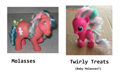 Size: 1437x873 | Tagged: safe, derpibooru import, molasses, g1, comparison, text, toy, twirly treats