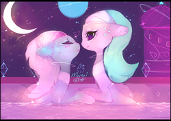 Size: 600x424 | Tagged: safe, artist:mujinai, aloe, lotus blossom, earth pony, pony, bedroom eyes, eyes closed, female, floppy ears, fluffy, heart, holding hooves, imminent kissing, incest, lesbian, mare, moon, night, shipping, sisters, smiling, spa, spa twins, spacest, twincest, twins, water