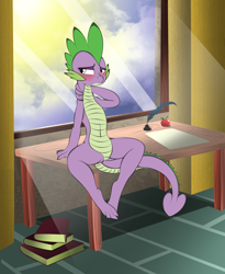 Size: 2452x2994 | Tagged: safe, artist:v-d-k, derpibooru import, barb, spike, dragon, apple, blushing, book, desk, quill, rule 63, solo