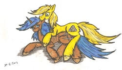 Size: 1024x591 | Tagged: safe, artist:zubias, derpibooru import, oc, oc only, fallout equestria, cuddling, ear bite, traditional art