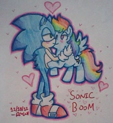 Size: 460x500 | Tagged: safe, artist:mizu-mix, derpibooru import, crossover, crossover shipping, female, heart, interspecies, kissing, love, male, shipping, sonic the hedgehog, sonic the hedgehog (series), sonicdash, straight, traditional art, why