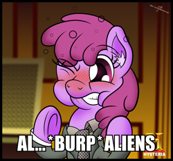 Size: 3000x2787 | Tagged: safe, artist:gray--day, derpibooru import, berry punch, berryshine, ancient aliens, burp, drunk, giorgio a. tsoukalos, parody, solo