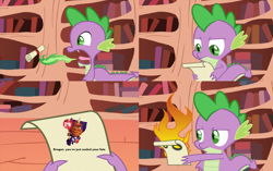 Size: 1200x755 | Tagged: safe, derpibooru import, spike, dragon, burp, dragon mail, exploitable meme, fire, golden oaks library, green fire, letter to spike, meme, ripto, scroll, spyro 2, spyro the dragon