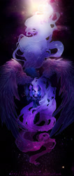 Size: 1024x2424 | Tagged: safe, artist:meiphon, nightmare moon, alicorn, black coat, female, horn, mare, simple background, solo