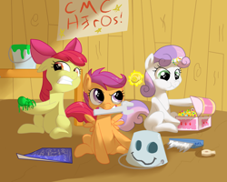 Size: 1250x1000 | Tagged: safe, artist:khorme, derpibooru import, apple bloom, scootaloo, sweetie belle, spider, bucket, clubhouse, crusaders clubhouse, jewelry, superhero, wrench