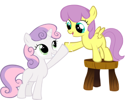 Size: 6000x4714 | Tagged: safe, artist:rainbowdashuk, parasol, sweetie belle, pegasus, pony, unicorn, absurd resolution, background pony, blank flank, chair, duo, duo female, female, filly, hoofbump, simple background, stool, transparent background, vector, younger