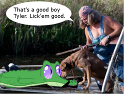 Size: 476x357 | Tagged: safe, derpibooru import, edit, gummy, alligator, dog, human, bruce mitchell, irl, irl dog, irl human, photo, ponies in real life, speech bubble, swamp people, text, tyler