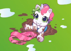 Size: 477x348 | Tagged: safe, derpibooru import, sweetie belle (g3), pony, unicorn, g3.5, newborn cuties, once upon a my little pony time, over two rainbows, :3, clothes, cute, g3.75, looking up, mud, muddy, out of context, scarf, smiling, solo