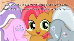 Size: 725x407 | Tagged: safe, derpibooru import, edit, edited screencap, screencap, babs seed, diamond tiara, silver spoon, one bad apple, insane pony thread