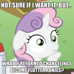 Size: 499x500 | Tagged: safe, derpibooru import, edit, edited screencap, screencap, sweetie belle, changeling, flutter pony, pony, unicorn, ponyville confidential, female, filly, hilarious in hindsight, horn, impact font, meme, solo, speculation, sudden clarity sweetie belle, text, theory, two toned mane, white coat, wide eyes