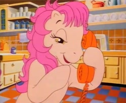 Size: 800x657 | Tagged: safe, screencap, patch (g1), g1, my little pony tales, lidded eyes, out of context, phone, plotting, telephone