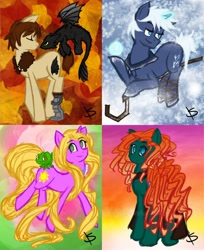 Size: 808x989 | Tagged: safe, artist:k8y411, brave, crossover, disney princess, hiccup horrendous the third, how to train your dragon, impossibly long hair, impossibly long tail, jack frost, long hair, long mane, long tail, merida, pascal, pixar, ponified, rapunzel, rise of the brave tangled dragons, rise of the guardians, rotg, tangled (disney), toothless the dragon
