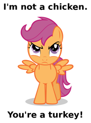 Size: 584x790 | Tagged: safe, artist:lahirien, edit, scootaloo, comeback, scootachicken, text