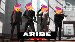 Size: 1280x720 | Tagged: safe, derpibooru import, scootaloo, chickun, exploitable meme, forced meme, gun, meme, parody, payday the heist, scootachicken, wat