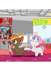 Size: 599x848 | Tagged: safe, artist:tish, derpibooru import, button mash, sweetie belle, parasprite, arcade, arcade game, crane game, dragging, female, house of the dead, male, pun, shipping, straight, sweetiemash, uninterested