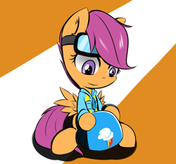 Size: 700x650 | Tagged: dead source, safe, artist:ranban, derpibooru import, scootaloo, pegasus, pony, backpack, clothes, cute, cutealoo, female, filly, goggles, helmet, jacket, pixiv, sitting, solo