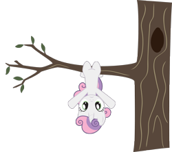 Size: 2162x1917 | Tagged: safe, artist:necr0manc3r, derpibooru import, sweetie belle, anatomically incorrect, incorrect leg anatomy, solo, suspended, tree, upside down