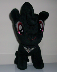 Size: 1890x2364 | Tagged: safe, artist:voltaire, derpibooru import, alicorn amulet, blackie pie, bronycon, custom, irl, it's not evil, photo, plushie, pod, pony of doom, swag, voltaire