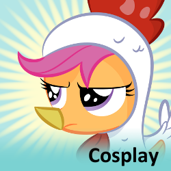 Size: 250x250 | Tagged: safe, artist:shadowdark3, scootaloo, chicken, chicken suit, clothes, cosplay, cute, cutealoo, scootachicken, spoilered image joke