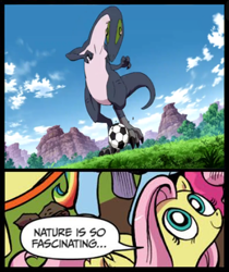 Size: 397x473 | Tagged: safe, idw, dinosaur, ball, exploitable meme, football, inazuma eleven, inazuma eleven go, inazuma eleven go chrono stone, meme, nature is so fascinating, troodon, wat