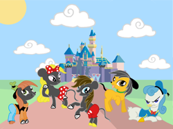 Size: 2684x2000 | Tagged: safe, artist:jousan, pluto, castle, disney, disneyland, donald duck, goofy, mickey mouse, minnie mouse, ponified, rule 63, style emulation, walt disney