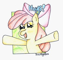 Size: 920x868 | Tagged: safe, artist:snowflight96, derpibooru import, apple bloom, pony, hug, solo, traditional art